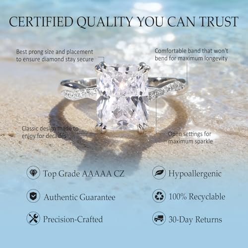 4CT Travel Engagement Ring, Radiant Cut 5A Cubic Zirconia Solitaire in Sterling Silver White Gold/14K Gold Plated Hypoallergenic Durable Comfort Fit, Perfect for Work Daily Wear Honeymoon - color: Silver
