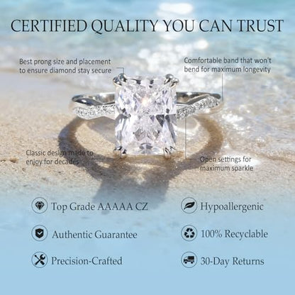 4CT Travel Engagement Ring, Radiant Cut 5A Cubic Zirconia Solitaire in Sterling Silver White Gold/14K Gold Plated Hypoallergenic Durable Comfort Fit, Perfect for Work Daily Wear Honeymoon - color: Silver