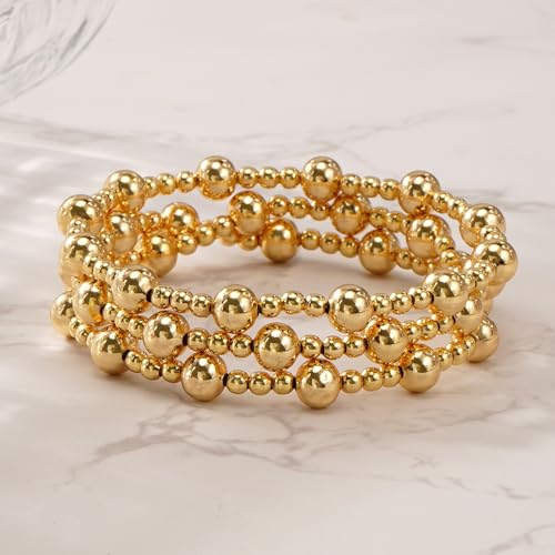 14K Gold Plated Beaded 3Pcs Stack Bracelets for Women, Dainty Trendy Freshwater Stackable Pearl Paperclip Cross Chain Gold Balls Stretch Accessories Jewelry Vacation Gift - color: gold