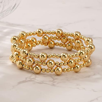 14K Gold Plated Beaded 3Pcs Stack Bracelets for Women, Dainty Trendy Freshwater Stackable Pearl Paperclip Cross Chain Gold Balls Stretch Accessories Jewelry Vacation Gift - color: gold