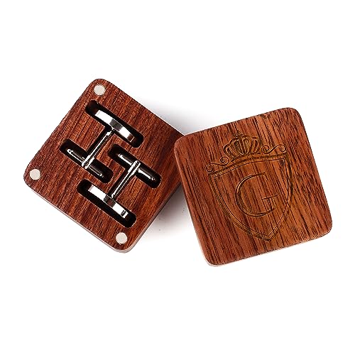 Mens Initial Silver Cufflinks A-Z Alphabet Letter Steel Cuff Links with Engraved Walnut Wood Box Groom Groomsman Wedding Set… - style: G