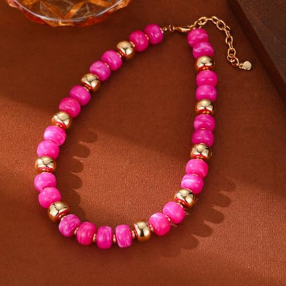 Resin Chunky Colorful Beaded Necklace | Adjustable Boho Statement Necklace,Summer Beach Party Jewelry - color: Hot Pink