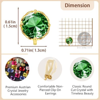 Round Austrian Crystal Clip On Earrings for Women Non Pierced Earrings, Hypoallergenic Clip-on Earrings Jewelry Gift for Sensitive Ears - color: Green