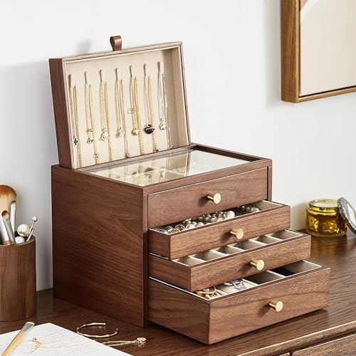 Walnut Wooden Women Jewelry Box with Pull-out Necklace Storage | 4 Layer Large Wood Jewelry Drawer Organizer, Glass Lid, For Watch Necklace Ring Earring Storage - style: 4 Layer B