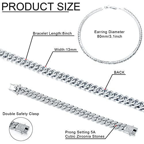Batiyeer 3 Pcs Cuban Link Chain Necklace Bracelet Rhinestone Hoop Earrings Bling Crystal Hip Hop Jewelry for Women(18 Inch,Silver) - color: Silver, size: 18 Inch