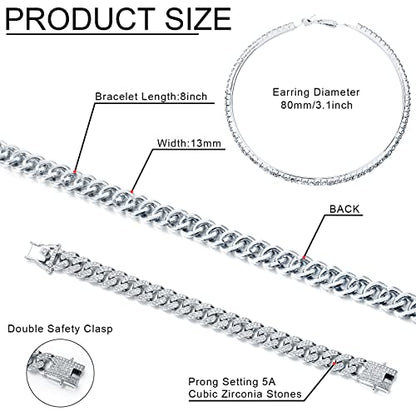 Batiyeer 3 Pcs Cuban Link Chain Necklace Bracelet Rhinestone Hoop Earrings Bling Crystal Hip Hop Jewelry for Women(18 Inch,Silver) - color: Silver, size: 18 Inch