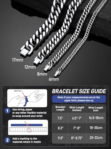 ChainsPro Miami Cuban Link Chain Bracelet for Men, 6/8/12/17mm, 7.5/8.3/9inch, 316L Stainless Steel/18K Gold Plated/Black No Tarnish Bracelets for Fathers' Day Husband, Send Gift Box - color: Silver