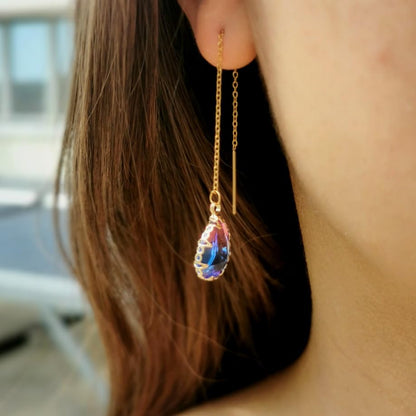 WANGGAO Stainless Steel Water Drop Long Chain Earrings for Women Linear Crystal Threader Earrings Jewelry - color: Blue