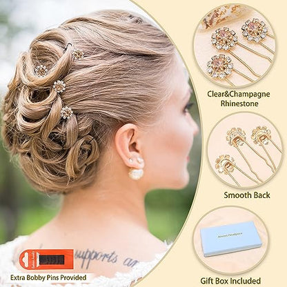 Ammei Crystal Bridal Hair Pins Clips Wedding Hair Accessories Hair Set Jewelry With Rhinestone For Brides and Bridesmaids Set Of 12 (Gold Plated Champagne) - color: Gold Plated Champagne