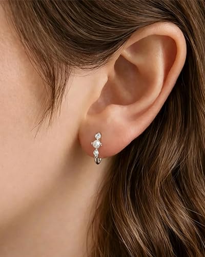 Gold Opal Huggie Earrings for Women, Minimalist Small Hoop Earrings with Zircons - color: silver B