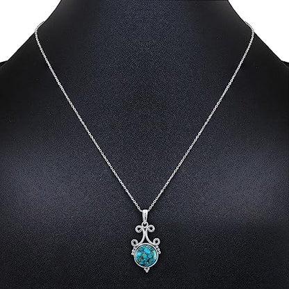 Natural Round Gemstone Pendant Necklace for Women, 925 Sterling Silver | Solitaire Birthstone Jewelry With 18 Inch Chain, Handmade Semi Precious Stone Pendant, Jewelry Gift for Mom, Wife & Sister - color: Blue Copper Turquoise