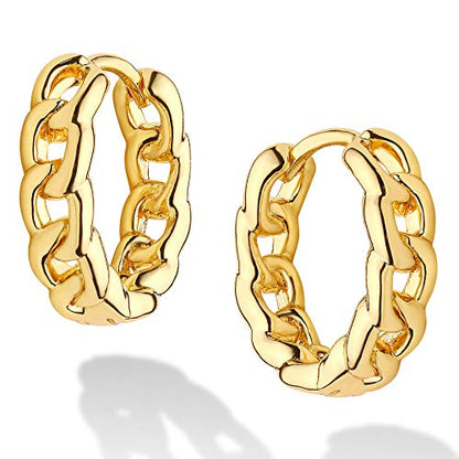 Dremmy Studios Dainty CZ Huggie Hoop Earrings 14K Gold Plated Chunky Simple Cute Thick Round Frill Bead Ball Starburst Cuff Earrings Cubic Zirconia Hoop Earrings Minimalist Personalized Gift for Her - color: Chain A