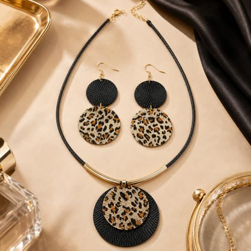 Statement Necklace and Earrings Set – 2PCS Gold Silver Chunky Geometric Pendant Jewelry with Snake Chain, Asymmetrical Ellipse Y-Necklace Metallic Fashion Jewelry for Women - color: D:Leopard Pattern