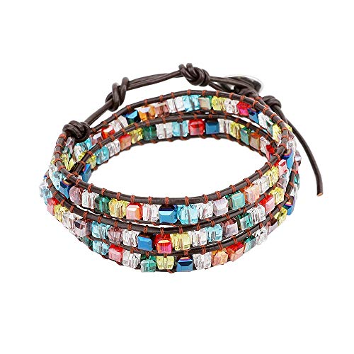 Emibele Layered Leather Bracelet, Rivet Leopard Print Bohemian Style Multilayer Wrap Bracelet, Handmade Agate Amethyst Chakra Crystal Glass Beaded Shell Bracelet for Women - color: Crystal Glass