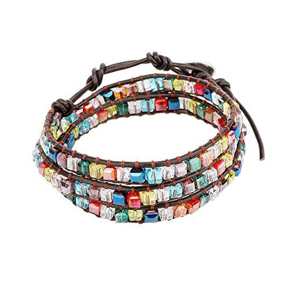 Emibele Layered Leather Bracelet, Rivet Leopard Print Bohemian Style Multilayer Wrap Bracelet, Handmade Agate Amethyst Chakra Crystal Glass Beaded Shell Bracelet for Women - color: Crystal Glass