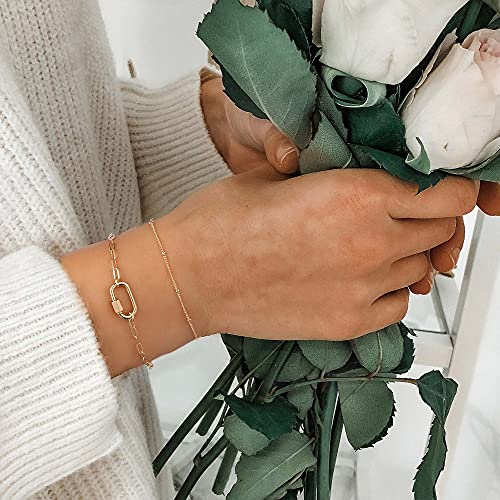 Dainty Gold Bracelets for Women, 14K Gold Plated Adjustable Layered Beads Bracelet Cute Evil Eye Oval Chain Pearl Bar Turtle Gold Bracelets for Women Jewelry - style: Beads Chain&Oval Screw Clasp