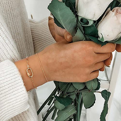 Dainty Gold Bracelets for Women, 14K Gold Plated Adjustable Layered Beads Bracelet Cute Evil Eye Oval Chain Pearl Bar Turtle Gold Bracelets for Women Jewelry - style: Beads Chain&Oval Screw Clasp