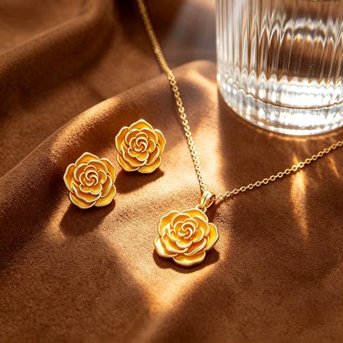 Enamel Rose Necklace and Earrings Jewelry Set for Women | 14K Gold Plated,Rose Represent: Love Gratitude Prid,Adjustable Chain Fit,Elegant Sets for Daily and Party Wear,Gift Box - color: Yellow