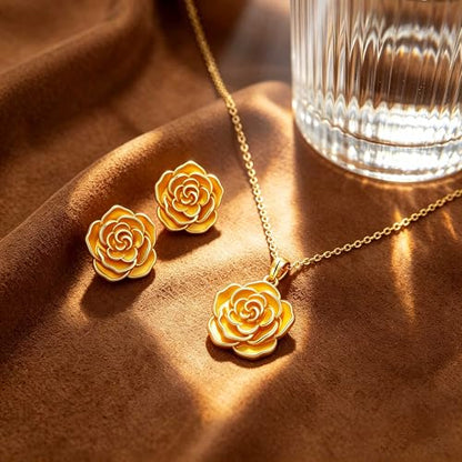 Enamel Rose Necklace and Earrings Jewelry Set for Women | 14K Gold Plated,Rose Represent: Love Gratitude Prid,Adjustable Chain Fit,Elegant Sets for Daily and Party Wear,Gift Box - color: Yellow