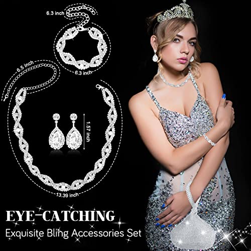 4 Pcs Silver Clutch Purse Jewelry Set for Women Rave Accessories Evening Rhinestone Purse Silver for Bride Wedding - style: Fresh Style