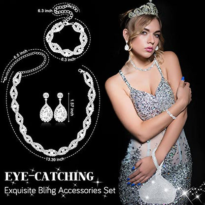 4 Pcs Silver Clutch Purse Jewelry Set for Women Rave Accessories Evening Rhinestone Purse Silver for Bride Wedding - style: Fresh Style