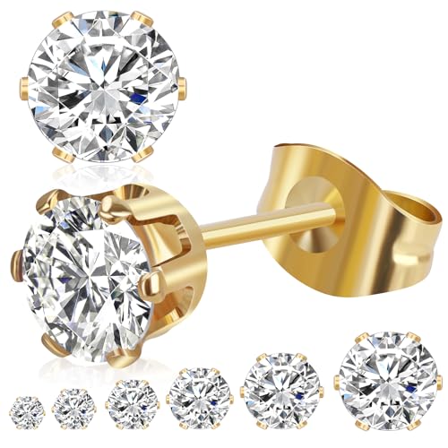 6 Pairs Stud Earrings for Women Men, Silver Gold Stainless Steel Studs Set | 3 4 5 6 7 8mm, Cubic Zirconia, 14K Gold Plated, Hypoallergenic, Flat Back Earrings for Sensitive Ears, Jewelry Gift Idea - color: Gold