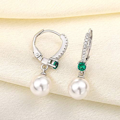 JO WISDOM 925 Sterling Silver Freshwater Pearl Hoop Earrings with Dangle Real Pearl,Simulated Pearls - color: B-8mm white pearl,green emerald