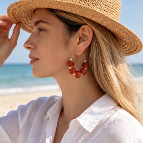 Colorful Beaded Earrings for Women Beaded Hoop Earrings | Chunky Acrylic Resin Boho Statement Drop Earrings Trendy Summer Beach Jewelry Accessories Gifts - color: Red
