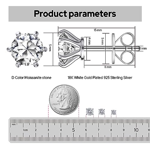 Moissanite Stud Earrings for Women, 18K White Gold Plated S925 Sterling Silver Hypoallergenic Diamond Earring, Lab Grown Diamond Earrings - size: 1ctw(0.5ct*2)-5mm