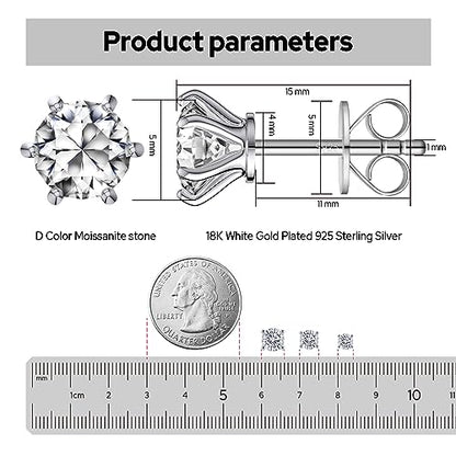 Moissanite Stud Earrings for Women, 18K White Gold Plated S925 Sterling Silver Hypoallergenic Diamond Earring, Lab Grown Diamond Earrings - size: 1ctw(0.5ct*2)-5mm