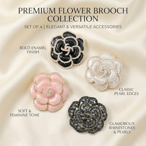 4 Pack Camellia Flower Brooch Pins for Women - Vintage Enamel Pearl Lapel Pin Set, Rhinestone Crystal Dress Suit Badges - Black White Pink Zinc Alloy Jewelry Gift