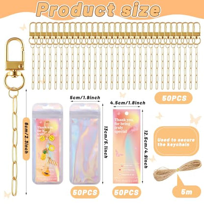 Wurosi 50Set Paperclip Keychain Making Kit with Gift Bags & Thank You Cards | Includes Keychain Clips, Extender Chains and Packaging Supplies, Perfect DIY Purse Handbag Key Chain Accessories Gift - color: 50 Set Gold Keychain Kit