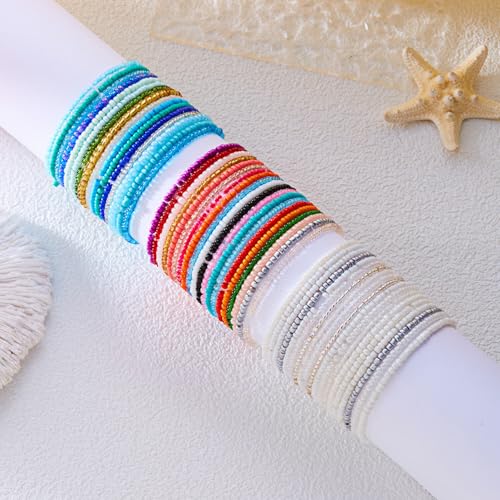 16-30Pcs Handmade Bohemian Colorful Crystal Seed Beads Stackable Adjustable Elastic Stretch Multilayerd Bracelets for Women Summer Vacation Beach Boho Bangle Jewelry - color: white