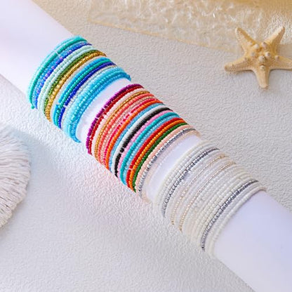 16-30Pcs Handmade Bohemian Colorful Crystal Seed Beads Stackable Adjustable Elastic Stretch Multilayerd Bracelets for Women Summer Vacation Beach Boho Bangle Jewelry - color: white