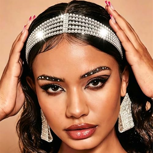Gold Bridal Head Chain for Women Crystal Headpiece Elastic Layered Wedding Flapper Forehead Jewelry - color: Silver