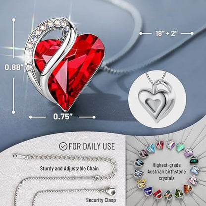 Leafael Gift Necklaces for Women, Infinity Love Birthstone Heart Crystal Pendant, Birthday Anniversary Jewelry for Wife, Mom, and Her, Silver Plated, 18" + 2" Adjustable Chain - color: 01-January & July-Siam Ruby Red
