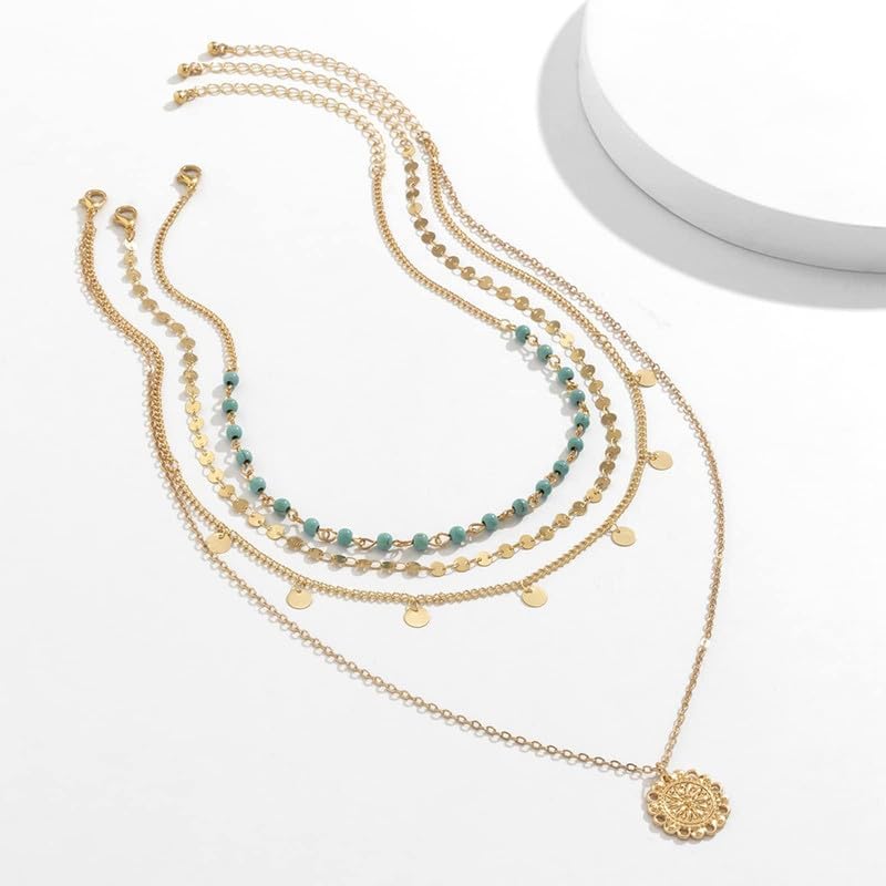 Layered Gold Necklace Set with Coin Pendant Boho Beaded Design Adjustable Chain Jewelry for Everyday Stacking Accessories - color: C