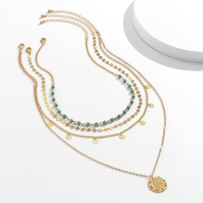 Layered Gold Necklace Set with Coin Pendant Boho Beaded Design Adjustable Chain Jewelry for Everyday Stacking Accessories - color: C