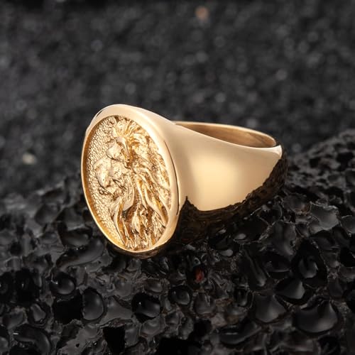 Mens Signet Ring Stainless Steel Lion Eagle Head Statement Rings Jewelry for Men Size 8/9/10/11/12/13 - style: Gold Tone Lion