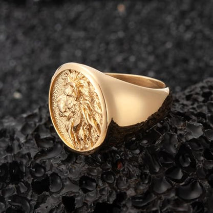 Mens Signet Ring Stainless Steel Lion Eagle Head Statement Rings Jewelry for Men Size 8/9/10/11/12/13 - style: Gold Tone Lion