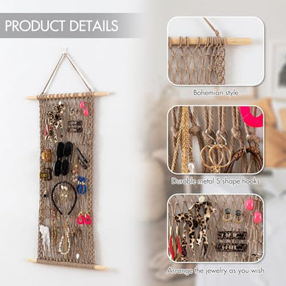 Hanging Jewelry Mesh Organizer with 20 Pieces S Shape Hooks | Macrame,Wall Mounted,Necklaces Storage,Earring Display Rack,Girls Hair Clips Hanger,for Bracelets and Rings, Milk Coffee - color: coffee