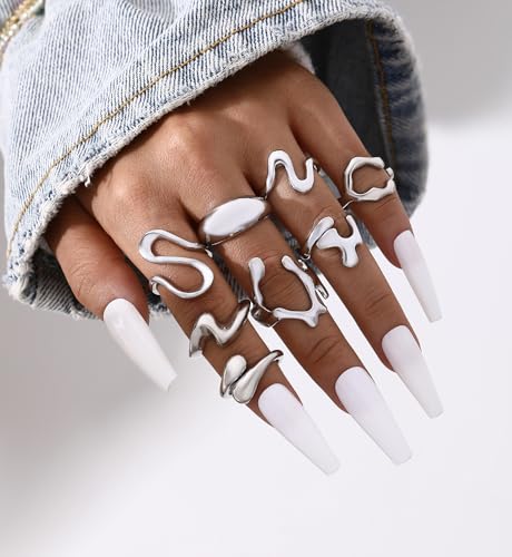 iF YOU 25 Pcs Gold Stackable Ring Set for Women, Chunky Knuckle Finger Midi Rings, Silver Simple Stacking Cute Rings Pack Trendy Stuff Jewelry Gift - style: 15 Chunky silver rings