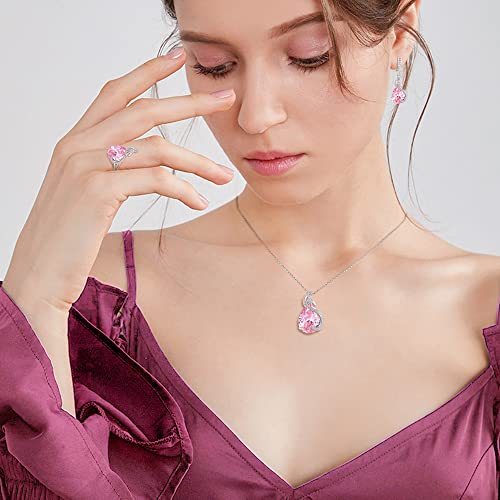 EVER FAITH Wedding Jewelry Set for Bride Bridesmaid, Glamour Teardrop Cubic Zirconia Pendant Necklace Earrings Tennis Bracelet Open Ring Sets for Birthday/Valentine's Day/Mother's Day/Christmas - color: A_Pink Silver-Plated-Brass