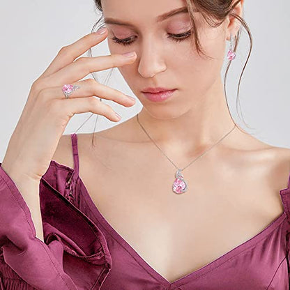 EVER FAITH Wedding Jewelry Set for Bride Bridesmaid, Glamour Teardrop Cubic Zirconia Pendant Necklace Earrings Tennis Bracelet Open Ring Sets for Birthday/Valentine's Day/Mother's Day/Christmas - color: A_Pink Silver-Plated-Brass