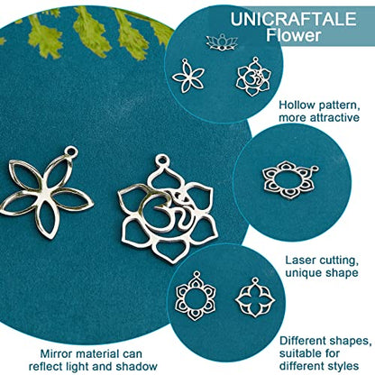 UNICRAFTALE 20pcs 5 Styles Flower Hollow Charm Open Back Bezel Pendants Stainless Steel Frame Charms Dangle Charms Yoga OM Lotus for Resin Pressed Flower Lucky Amulet Pendants for Jewelry Making | Stainless Steel Laser Cut Frame With Lotus Flower Styles,R