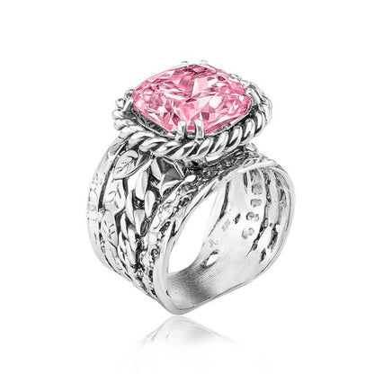 JEAN RACHEL JEWELRY 925 Sterling Silver Braid Leaf Cushion Ring | Ornate statement ring beautifully adorned with sculpted leaf motifs, twisted rope braids, and a CZ center stone. - color: Pink CZ