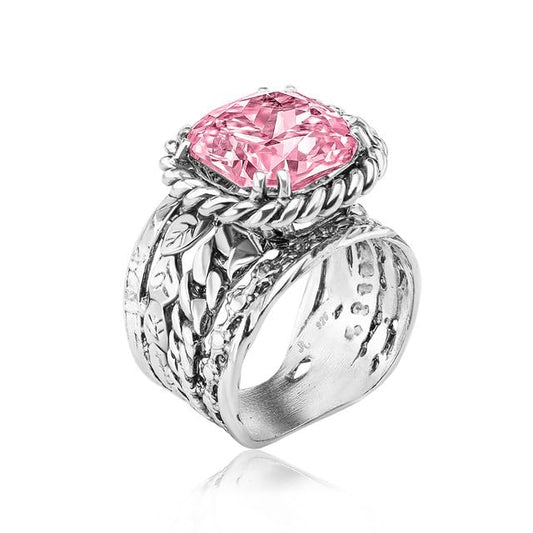 JEAN RACHEL JEWELRY 925 Sterling Silver Braid Leaf Cushion Ring | Ornate statement ring beautifully adorned with sculpted leaf motifs, twisted rope braids, and a CZ center stone. - color: Pink CZ