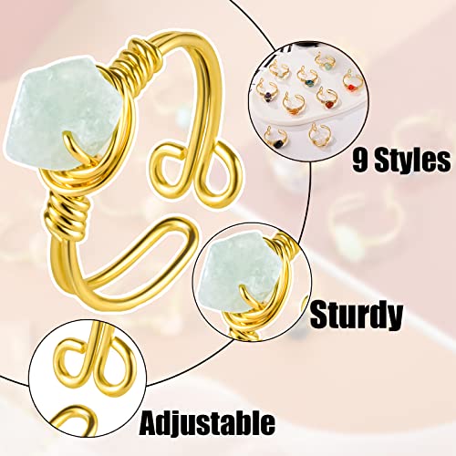 9 PCS Healing Crystal Ring, Adjustable Wire Wrapped Rings Irregular Gemstone Rings Set for Women - color: Gold-Style B