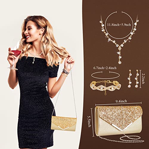 Henoyso 5 Pcs Purse Rhinestone Jewelry Set Prom Jewelry Rhinestone Clutch Purse Necklace Earrings Bracelets for Women Bride - color: Gold