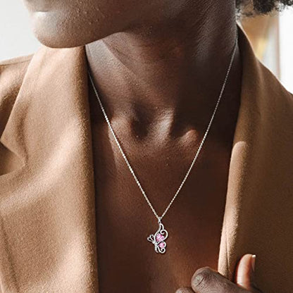 Butterfly Heart Necklace Birthstone Pendant Necklace Earrings Bracelet Women 925 Sterling Silver Animal Butterflies Birthstone Pendant Crystal Birthday Jewelry Wedding Gift - color: J.October-necklace